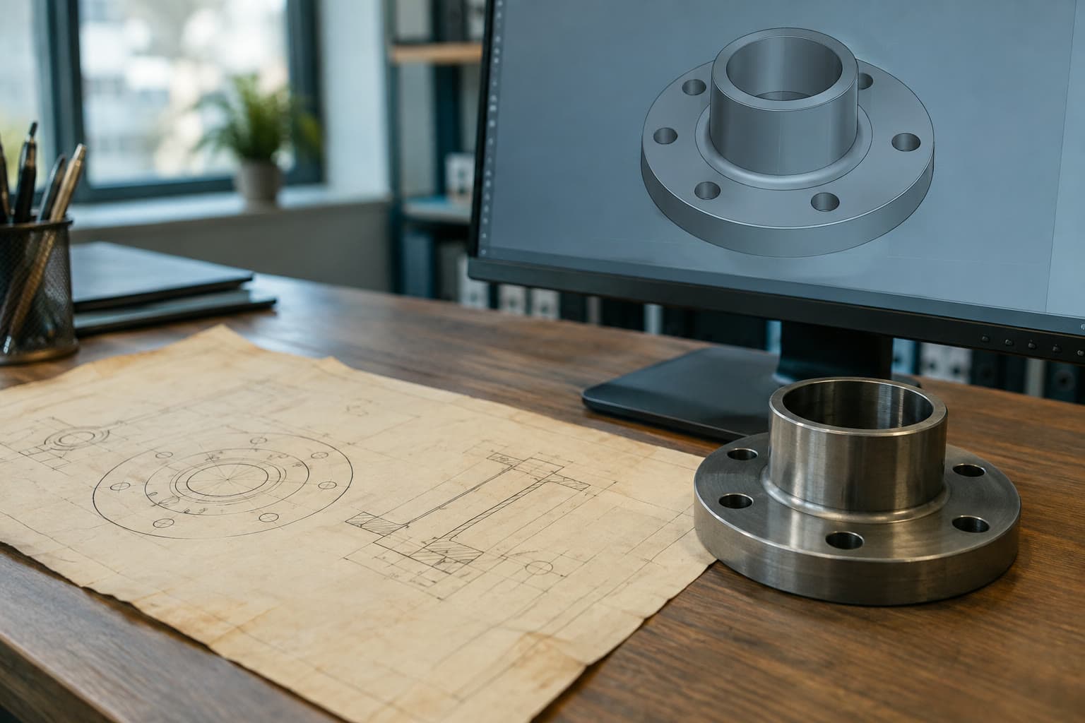Vergilbte technische Zeichnung neben einem Monitor mit 3D-Modell