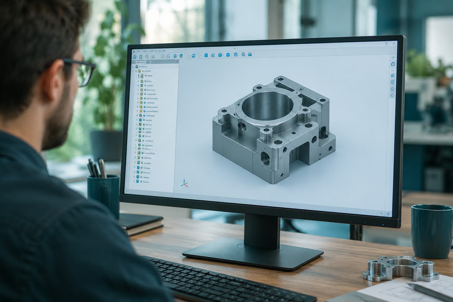 CAD-Programm mit 3D-Modell und Konstruktionshistorie