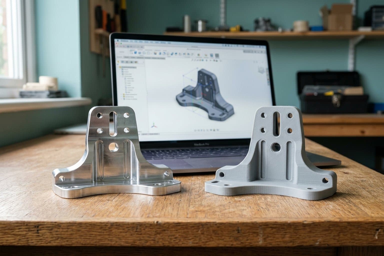 Derselbe Halter zweimal auf einem Tisch, einmal aus Aluminium gefräst, einmal grau im 3D-Druck, dahinter ein Laptop mit dem CAD-Modell