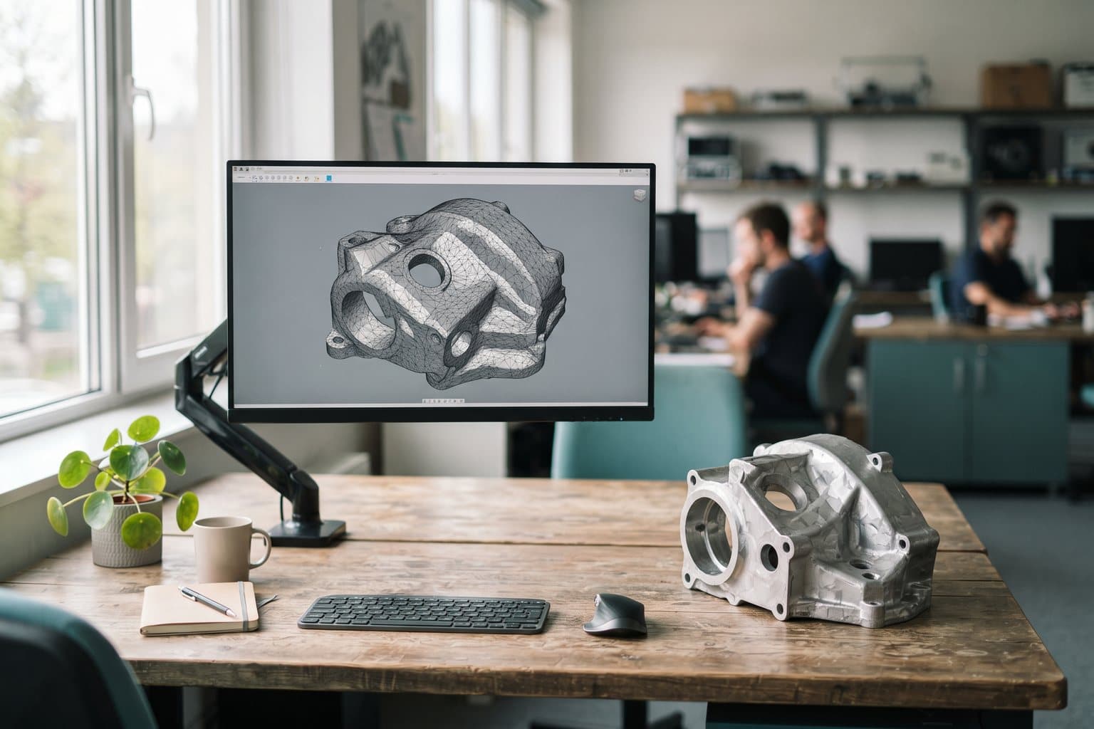 Monitor mit einem facettierten 3D-Modell eines Gussgehäuses, Bohrungen als Vielecke aus Dreiecken, daneben das Originalteil