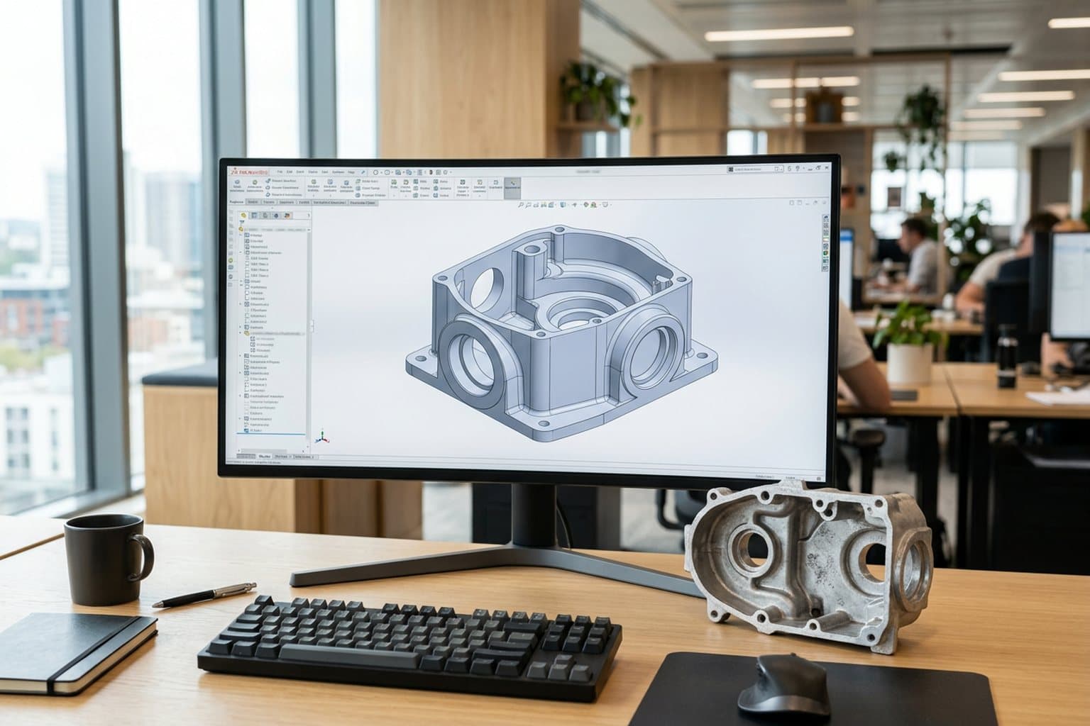 Monitor mit einem konstruierten CAD-Modell eines Gehäuses mit glatten Flächen, runden Bohrungen und Fasen, daneben das Gussteil