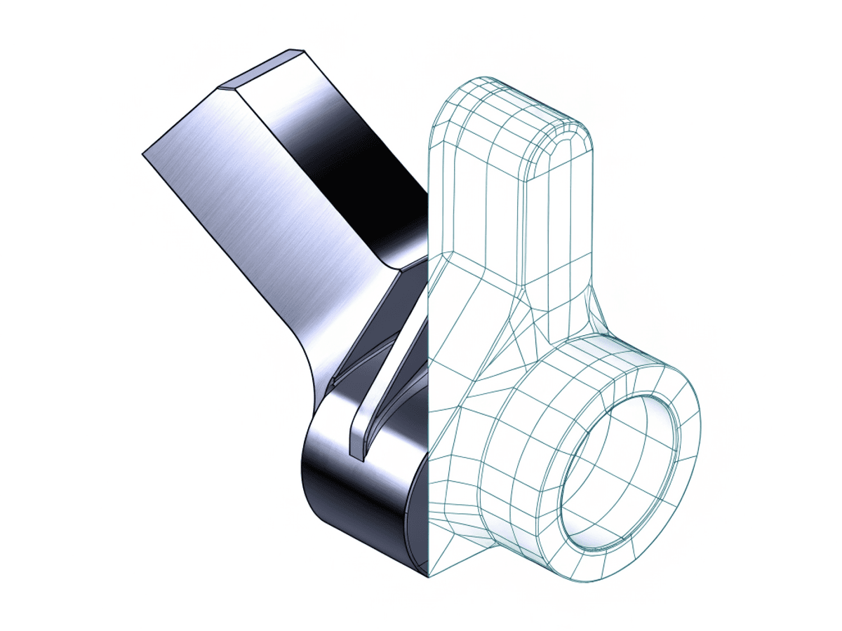 Isometrische CAD-Ansicht eines Bauteils, zur Hälfte als schattiertes Volumenmodell, zur Hälfte als Drahtgitter