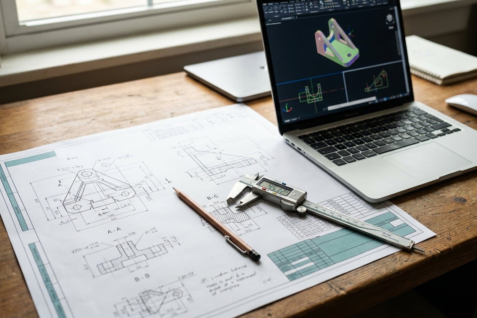 Ausgedruckte Fertigungszeichnung mit Schnitten und Bemaßung, darauf Bleistift und Messschieber, daneben ein Laptop mit dem 3D-Modell