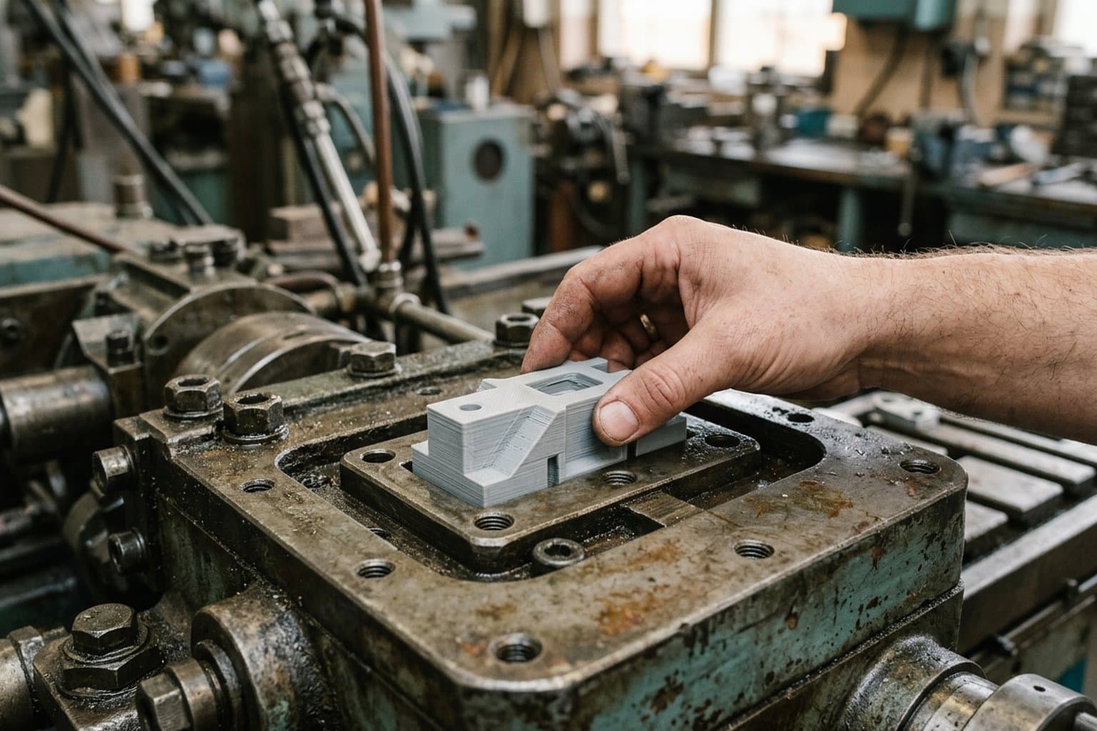 Eine Hand setzt ein graues 3D-gedrucktes Testteil in die Aufnahme einer älteren Maschine