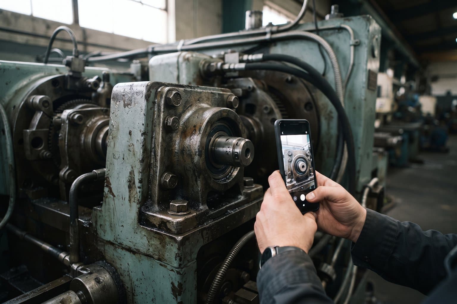 Hände fotografieren mit dem Smartphone einen Lagerbock, der noch in einer Maschine eingebaut ist