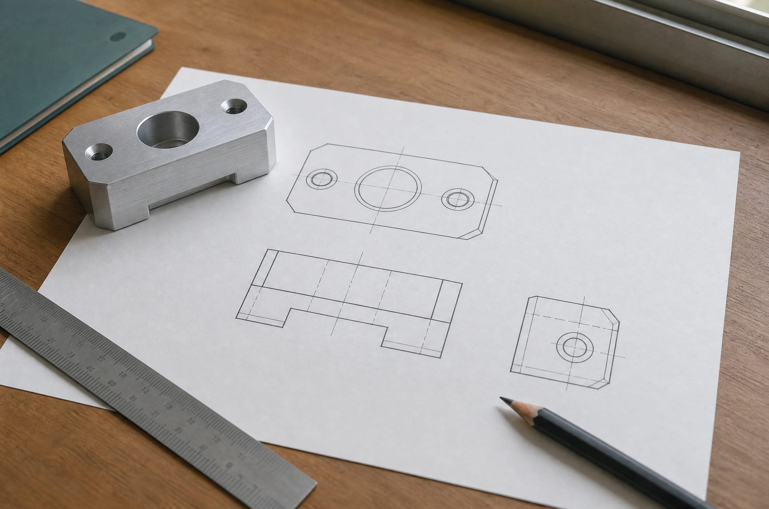 Eine 2D-Zeichnung mit drei Ansichten – daraus wird das vollständige 3D-Modell.
