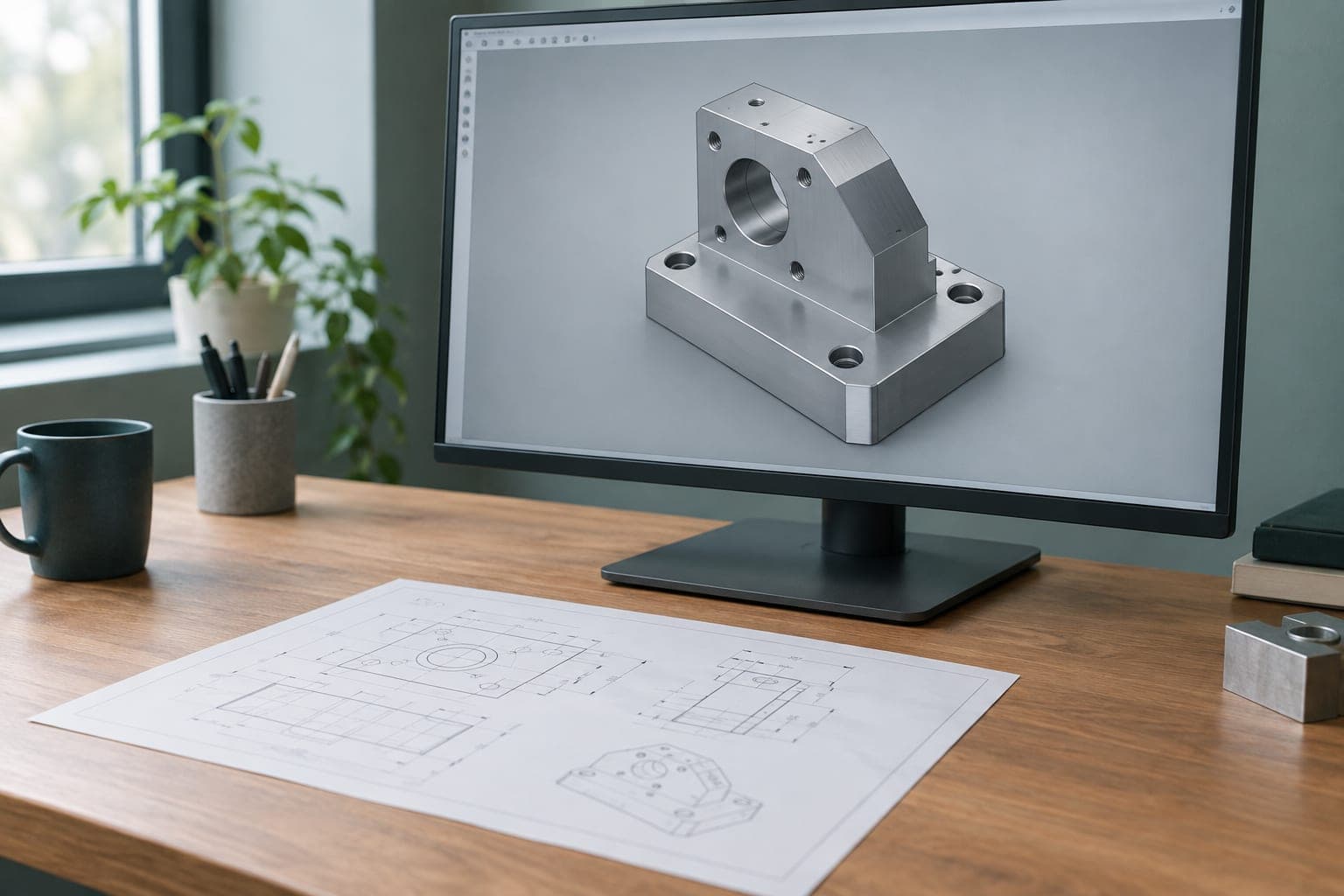 Das fertige 3D-Modell am Bildschirm, davor die Zeichnung, aus der es entstanden ist.