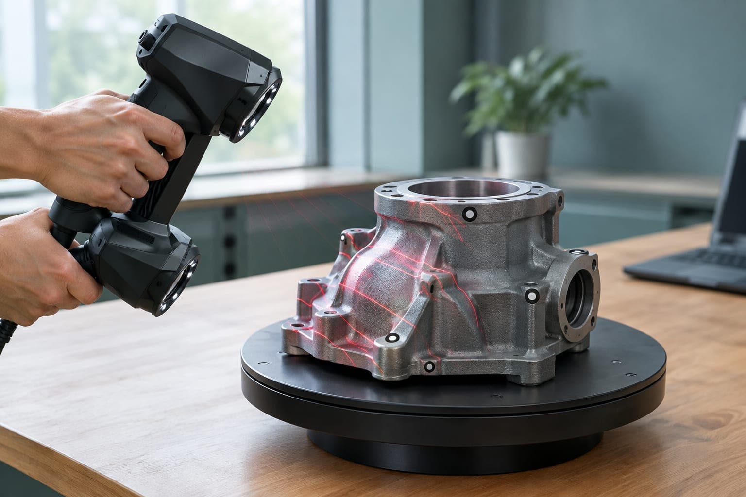 LiDAR-Scanner auf dem Stativ in einer Produktionshalle, im Hintergrund Maschinen und Rohrleitungen.