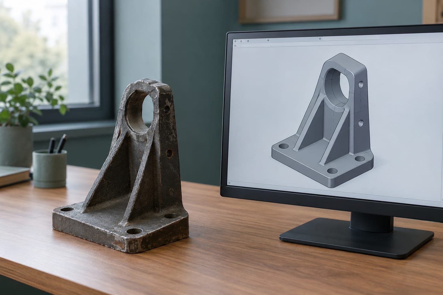 Das Bauteil neben seinem 3D-Modell – gleiche Ausrichtung, gleiche Maße.